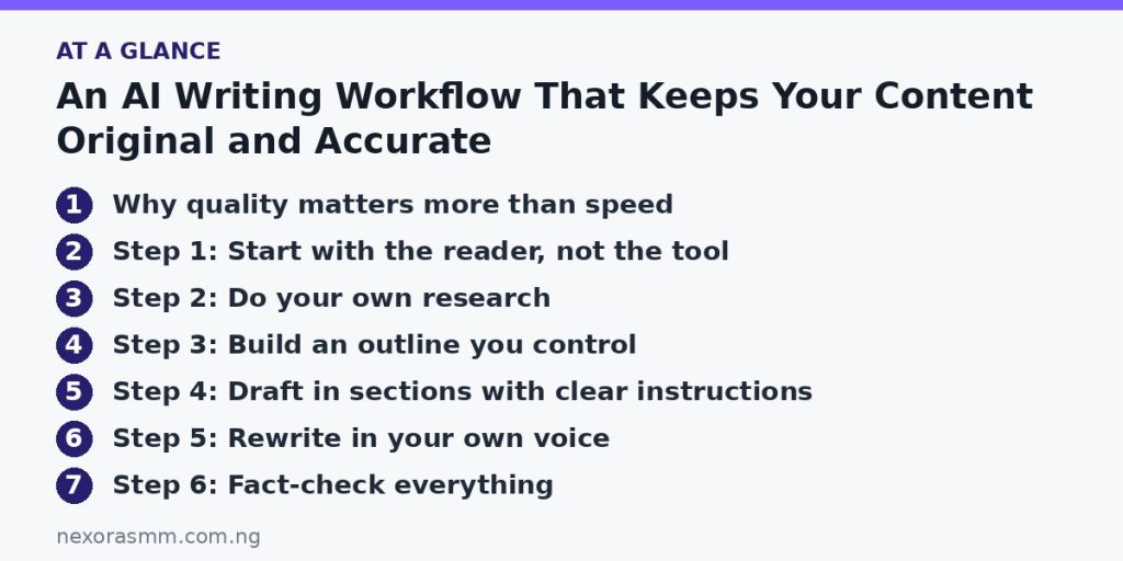 Summary graphic listing the main sections of: An AI Writing Workflow That Keeps Your Content Original and Accurate