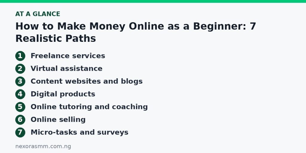 Summary graphic listing the main sections of: How to Make Money Online as a Beginner: 7 Realistic Paths