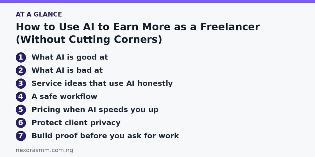 Summary graphic listing the main sections of: How to Use AI to Earn More as a Freelancer (Without Cutting Corners)