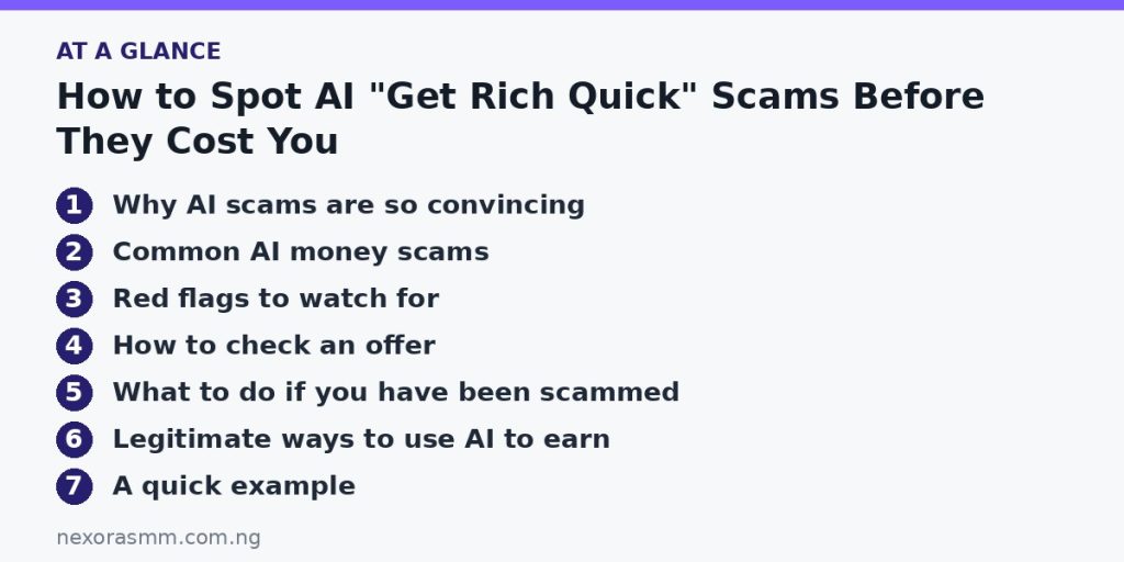 Summary graphic listing the main sections of: How to Spot AI "Get Rich Quick" Scams Before They Cost You