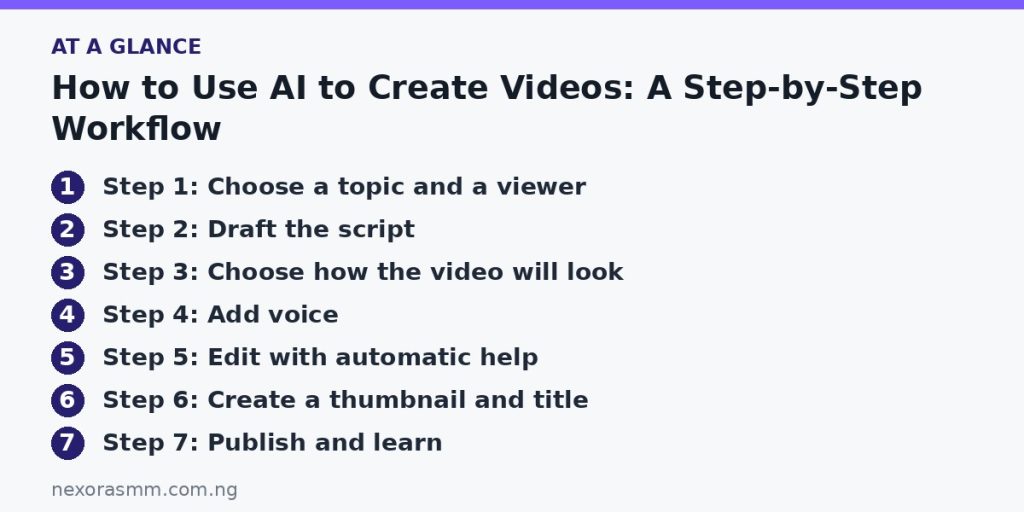 Summary graphic listing the main sections of: How to Use AI to Create Videos: A Step-by-Step Workflow