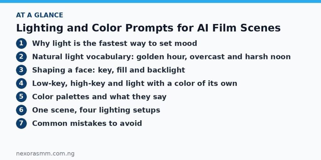Summary graphic listing the main sections of: Lighting and Color Prompts for AI Film Scenes
