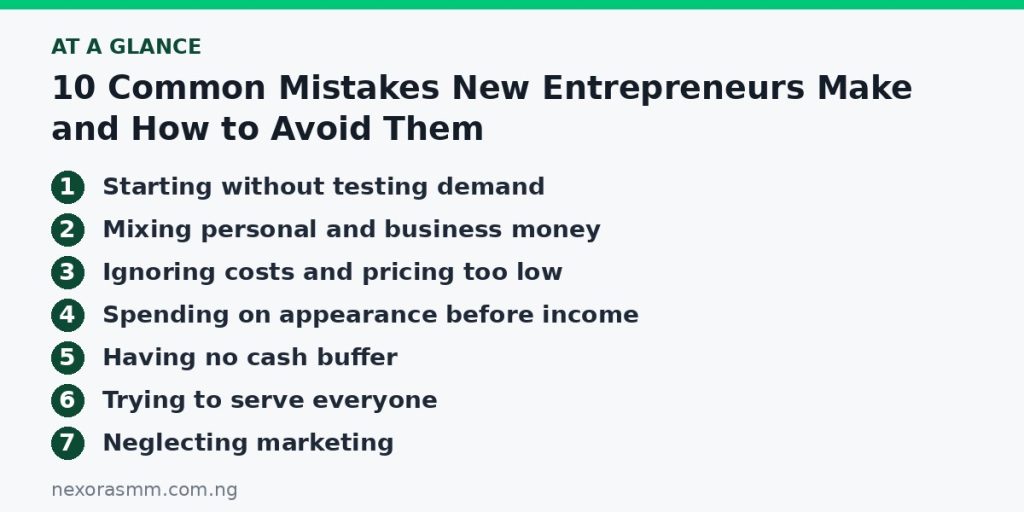 Summary graphic listing the main sections of: 10 Common Mistakes New Entrepreneurs Make and How to Avoid Them
