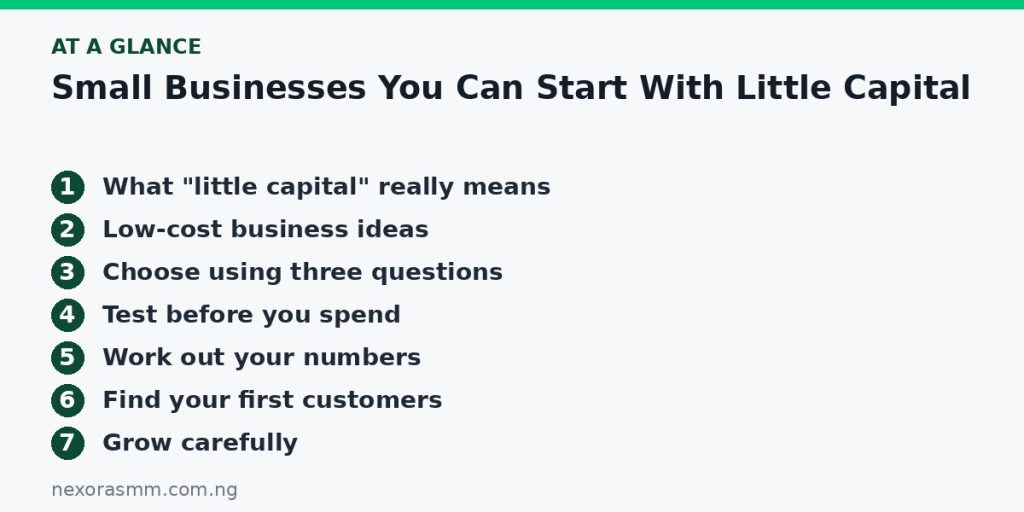 Summary graphic listing the main sections of: Small Businesses You Can Start With Little Capital