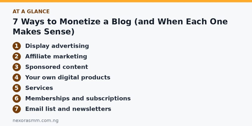 Summary graphic listing the main sections of: 7 Ways to Monetize a Blog (and When Each One Makes Sense)
