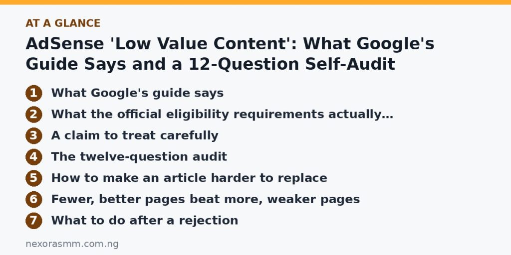 Summary graphic listing the main sections of: AdSense 'Low Value Content': What Google's Guide Says and a 12-Question Self-Audit