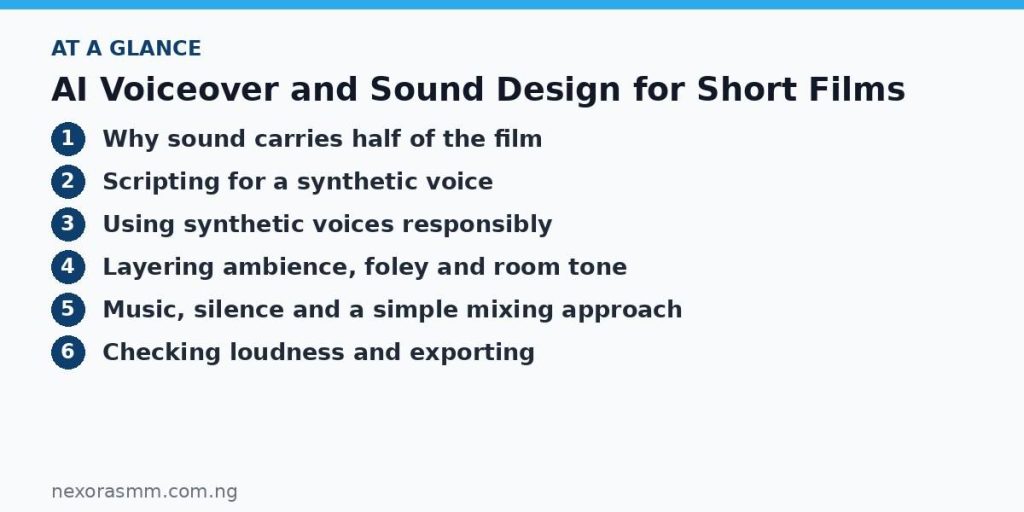 Summary graphic listing the main sections of: AI Voiceover and Sound Design for Short Films