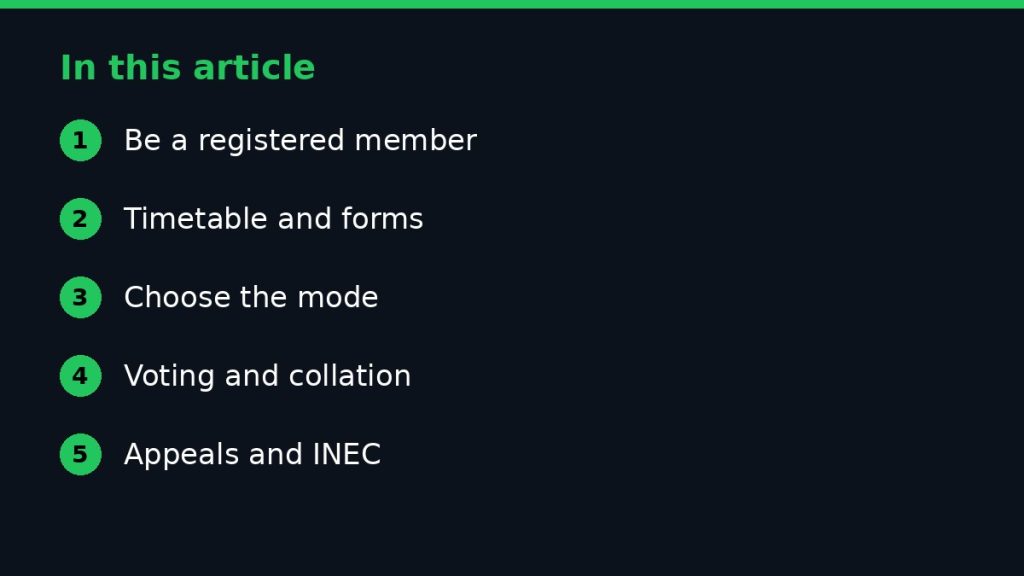 Summary graphic listing the main sections of: APC Primary Elections: How Candidates Emerge