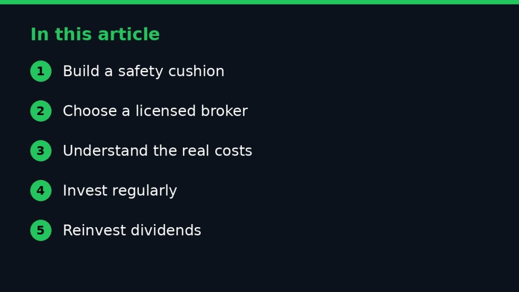Summary graphic listing the main sections of: Best Ways to Start Investing in Nigerian Stocks With Little Money