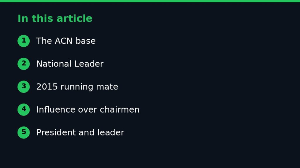 Summary graphic listing the main sections of: The Role of Bola Ahmed Tinubu in the Development of APC