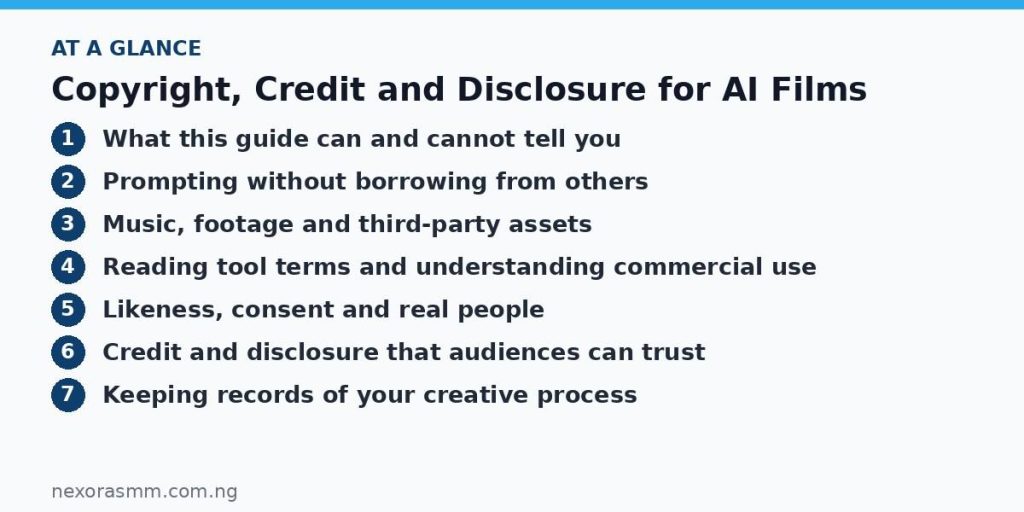 Summary graphic listing the main sections of: Copyright, Credit and Disclosure for AI Films