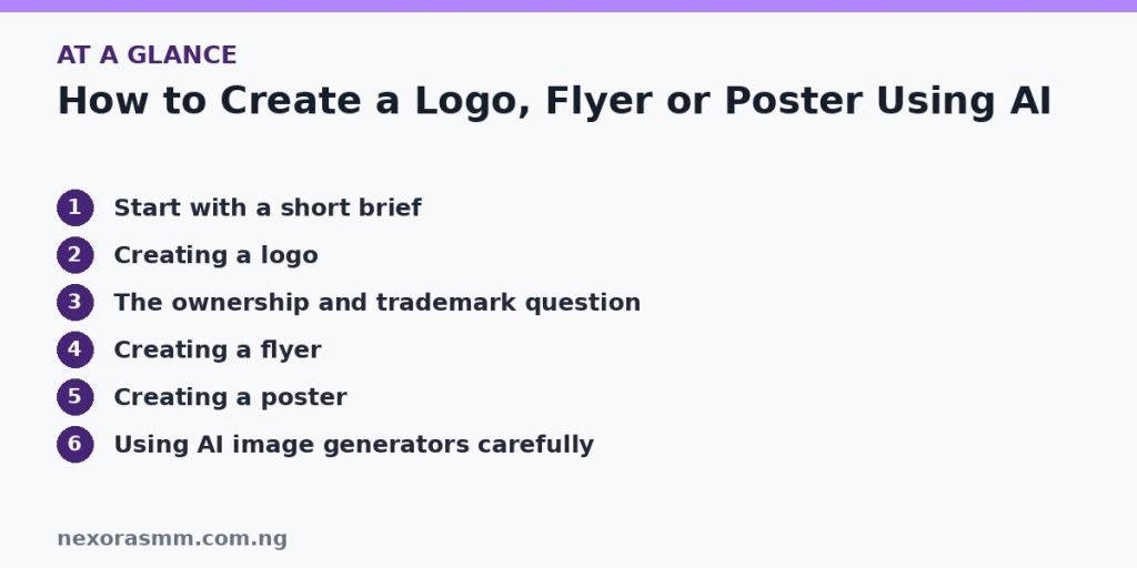 Summary graphic listing the main sections of: How to Create a Logo, Flyer or Poster Using AI