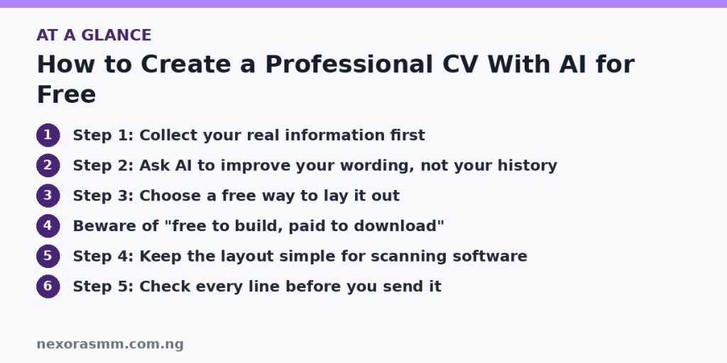 Summary graphic listing the main sections of: How to Create a Professional CV With AI for Free