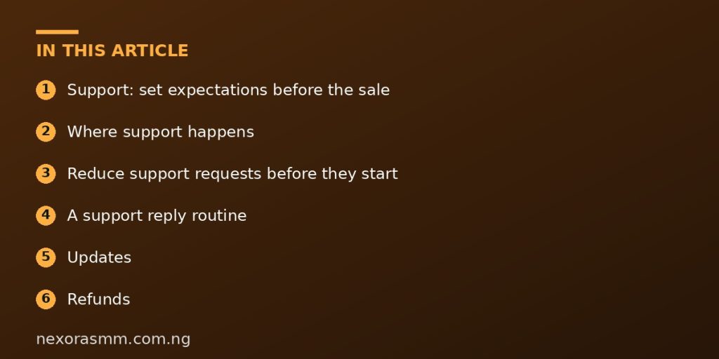 Summary graphic listing the main sections of: How to Handle Customer Support, Updates and Refund Requests for Trading Software