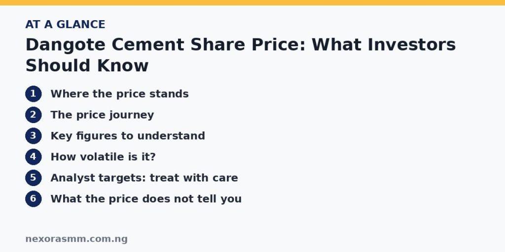 Summary graphic listing the main sections of: Dangote Cement Share Price: What Investors Should Know