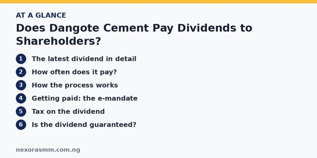 Summary graphic listing the main sections of: Does Dangote Cement Pay Dividends to Shareholders?