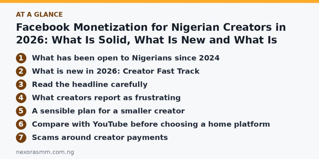 Summary graphic listing the main sections of: Facebook Monetization for Nigerian Creators in 2026: What Is Solid, What Is New and What Is Hype