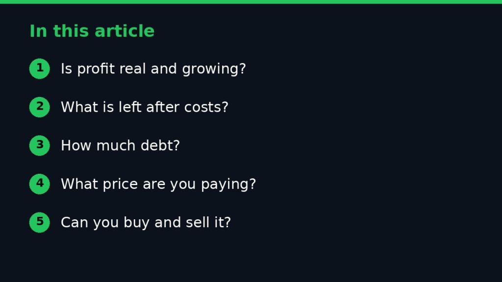 Summary graphic listing the main sections of: Five Things to Check Before Investing in Cement Companies