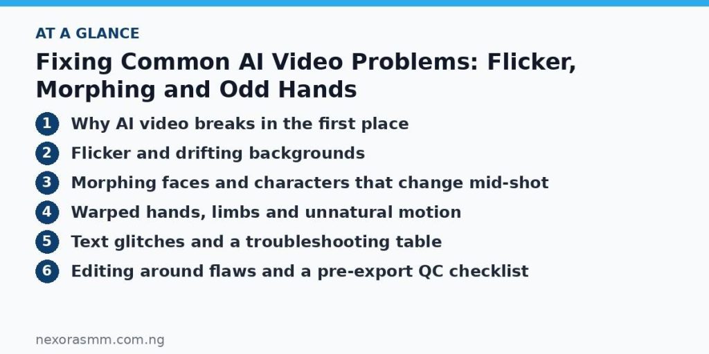Summary graphic listing the main sections of: Fixing Common AI Video Problems: Flicker, Morphing and Odd Hands