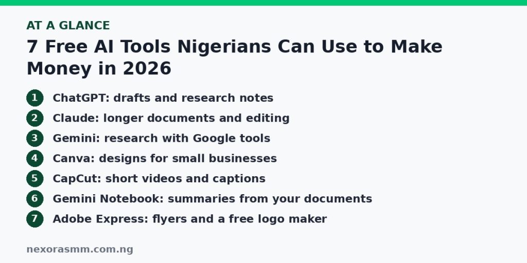 Summary graphic listing the main sections of: 7 Free AI Tools Nigerians Can Use to Make Money in 2026