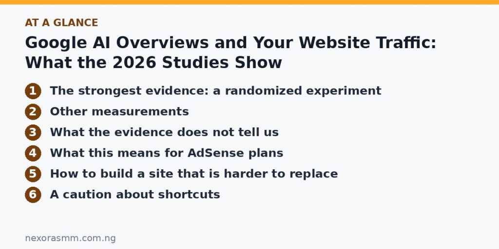 Summary graphic listing the main sections of: Google AI Overviews and Your Website Traffic: What the 2026 Studies Show