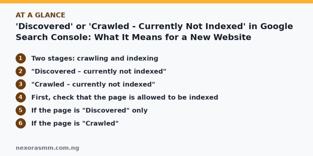Summary graphic listing the main sections of: 'Discovered' or 'Crawled - Currently Not Indexed' in Google Search Console: What It Means for a New Website