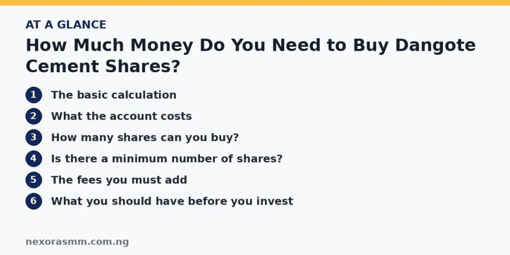 Summary graphic listing the main sections of: How Much Money Do You Need to Buy Dangote Cement Shares?