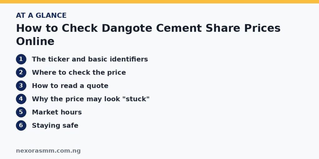 Summary graphic listing the main sections of: How to Check Dangote Cement Share Prices Online