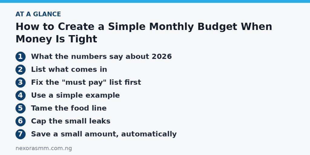 Summary graphic listing the main sections of: How to Create a Simple Monthly Budget When Money Is Tight