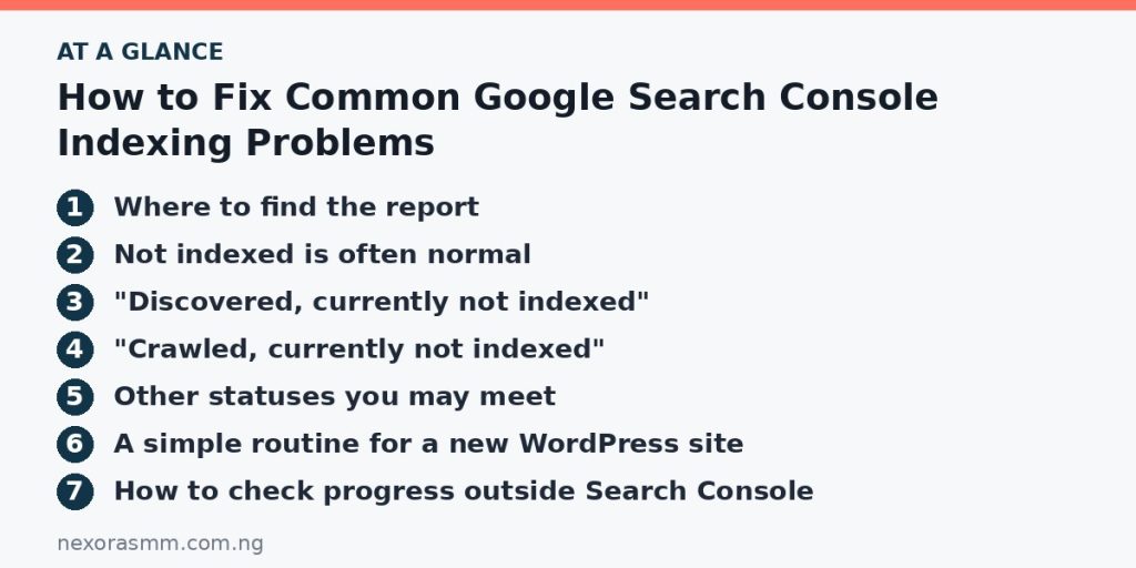 Summary graphic listing the main sections of: How to Fix Common Google Search Console Indexing Problems
