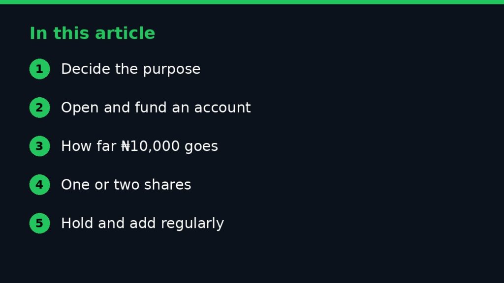 Summary graphic listing the main sections of: How to Invest ₦10,000 in the Nigerian Stock Market
