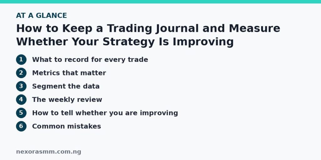 Summary graphic listing the main sections of: How to Keep a Trading Journal and Measure Whether Your Strategy Is Improving