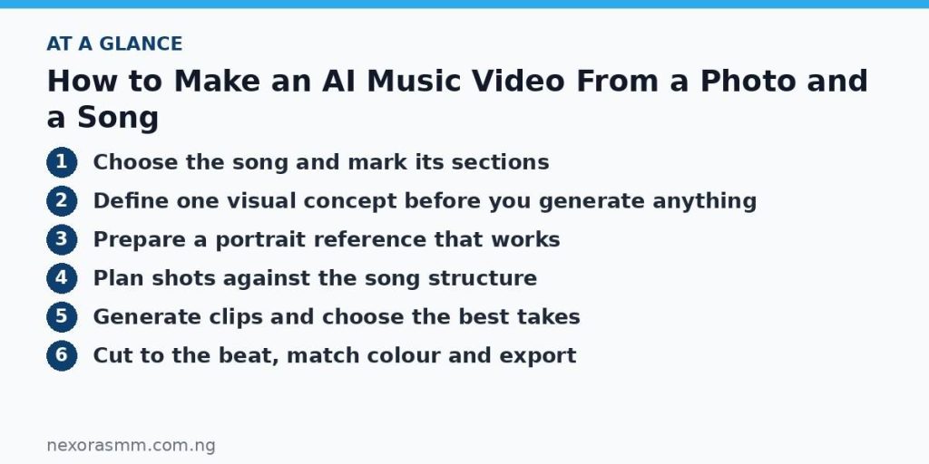 Summary graphic listing the main sections of: How to Make an AI Music Video From a Photo and a Song