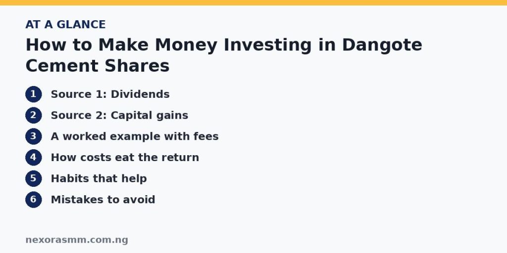 Summary graphic listing the main sections of: How to Make Money Investing in Dangote Cement Shares