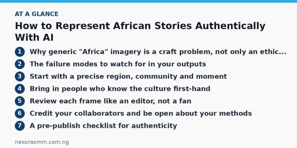 Summary graphic listing the main sections of: How to Represent African Stories Authentically With AI
