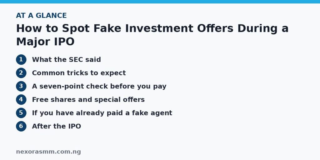 Summary graphic listing the main sections of: How to Spot Fake Investment Offers During a Major IPO