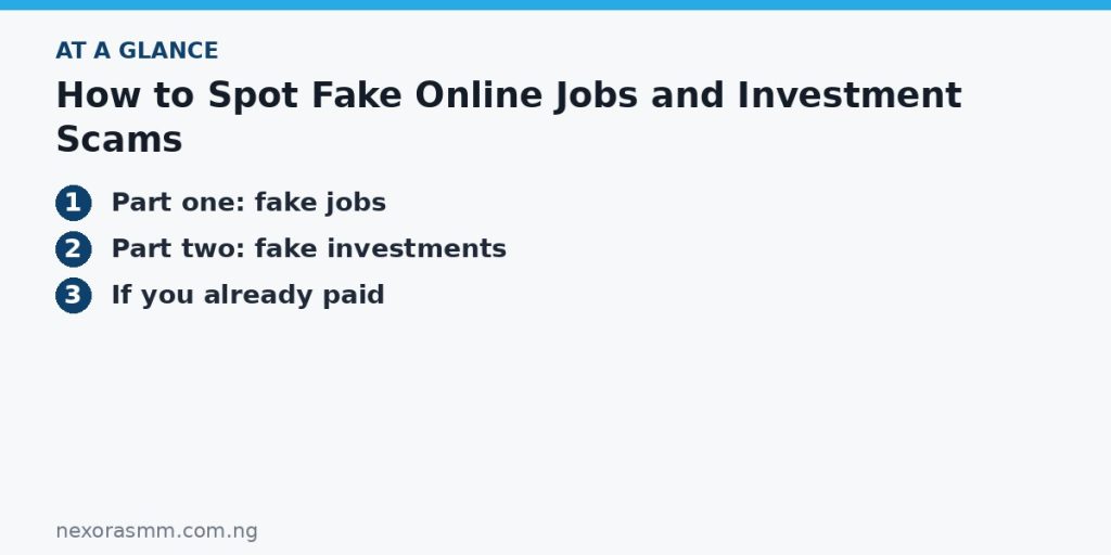 Summary graphic listing the main sections of: How to Spot Fake Online Jobs and Investment Scams
