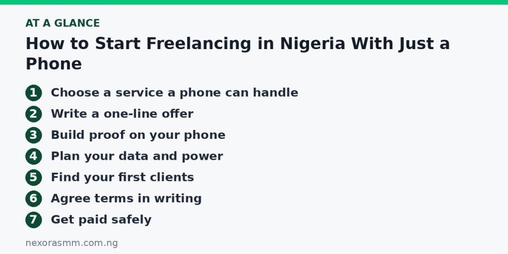 Summary graphic listing the main sections of: How to Start Freelancing in Nigeria With Just a Phone