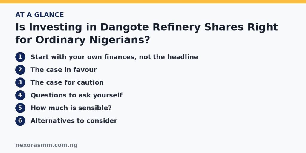Summary graphic listing the main sections of: Is Investing in Dangote Refinery Shares Right for Ordinary Nigerians?