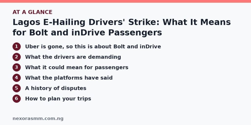 Summary graphic listing the main sections of: Lagos E-Hailing Drivers' Strike: What It Means for Bolt and inDrive Passengers