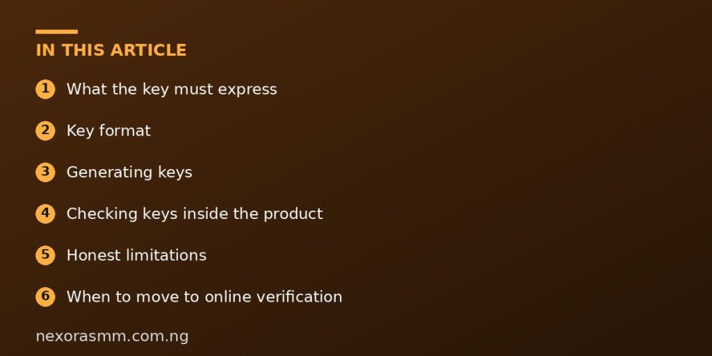 Summary graphic listing the main sections of: How to Build a License Key and Expiry System for a Trading Tool