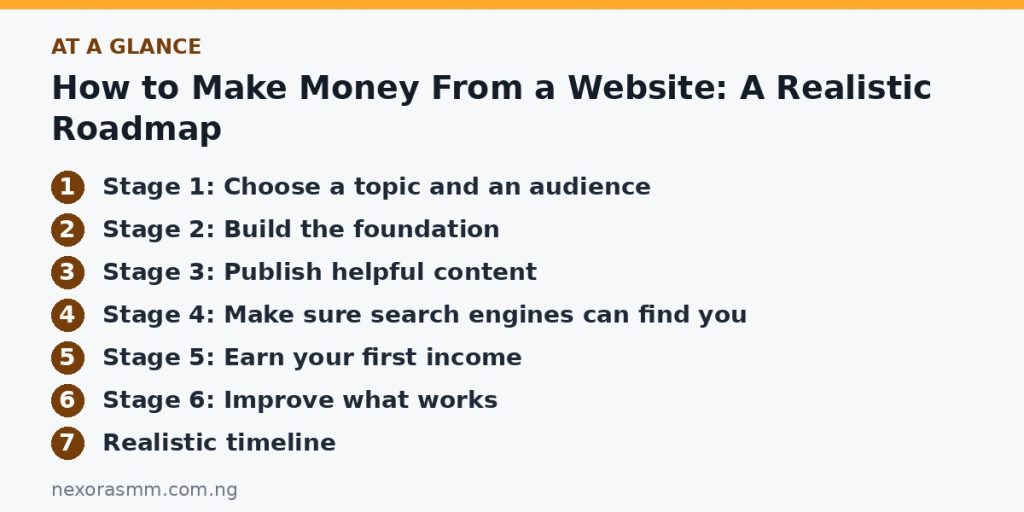 Summary graphic listing the main sections of: How to Make Money From a Website: A Realistic Roadmap