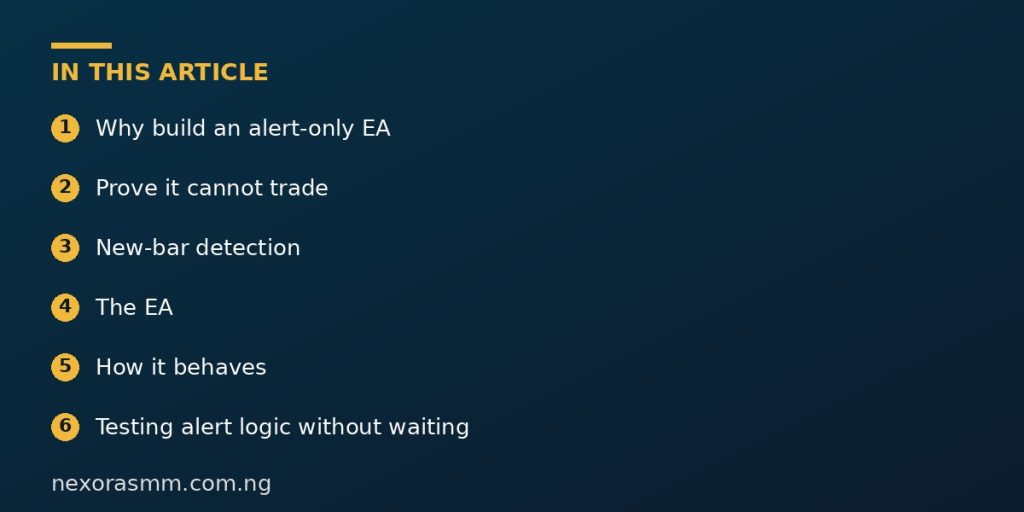 Summary graphic listing the main sections of: How to Create an MT5 Expert Advisor That Sends Alerts Without Placing Trades