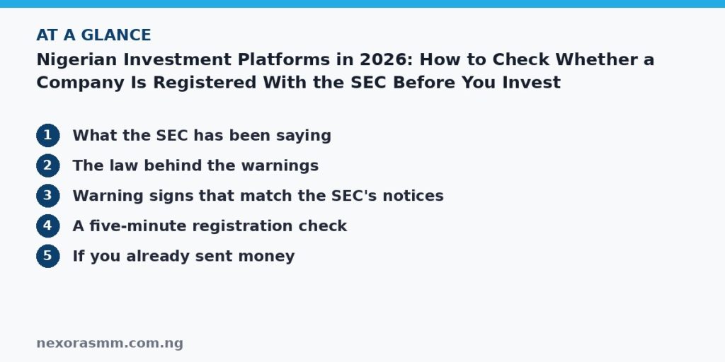 Summary graphic listing the main sections of: Nigerian Investment Platforms in 2026: How to Check Whether a Company Is Registered With the SEC Before You Invest