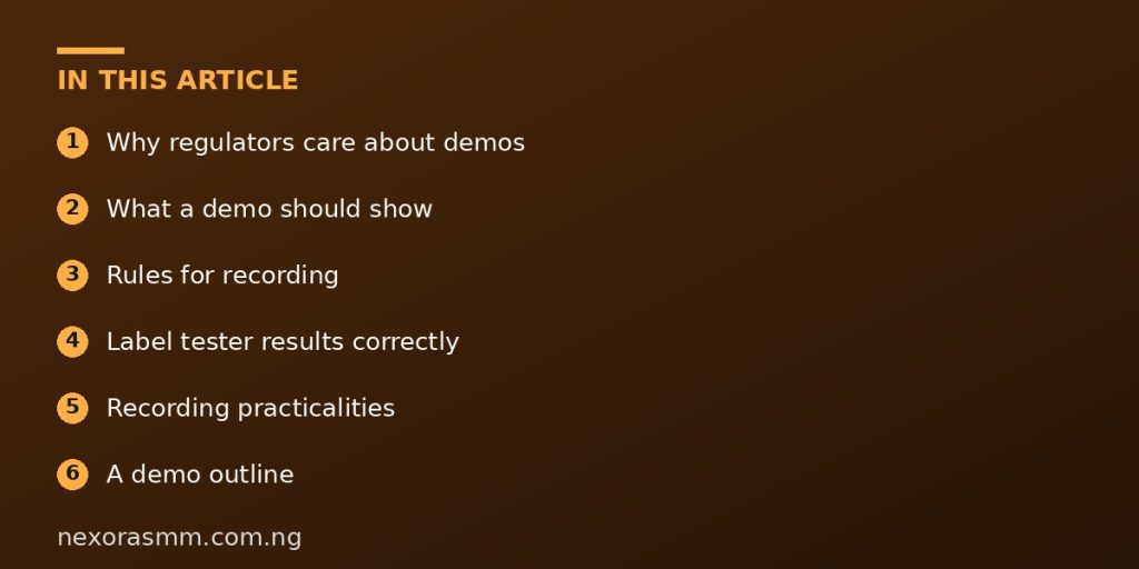 Summary graphic listing the main sections of: How to Record a Trading Tool Demo Without Making False Profit Claims