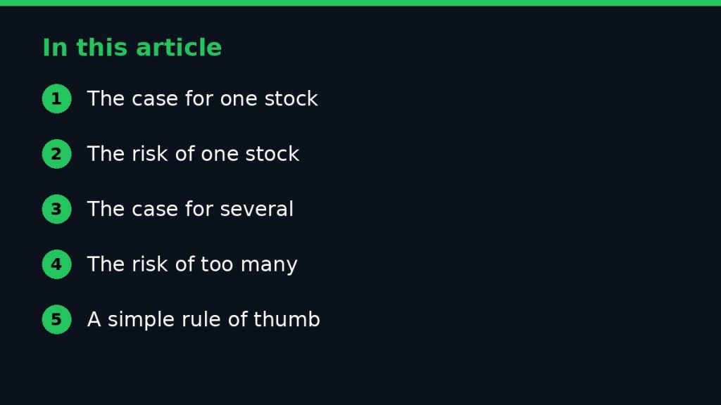 Summary graphic listing the main sections of: Should Beginners Buy One Stock or Several Stocks?