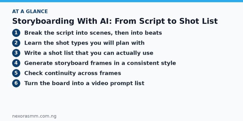Summary graphic listing the main sections of: Storyboarding With AI: From Script to Shot List