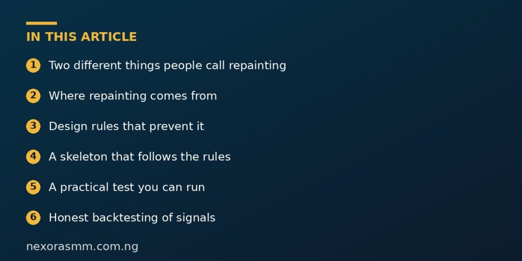 Summary graphic listing the main sections of: How to Design a Trading Tool That Avoids Repainting and Misleading Historical Signals