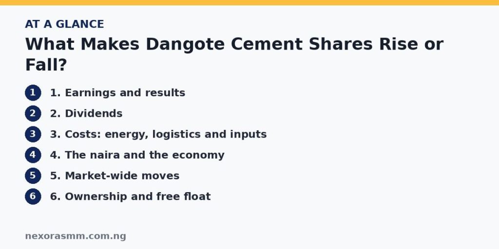 Summary graphic listing the main sections of: What Makes Dangote Cement Shares Rise or Fall?