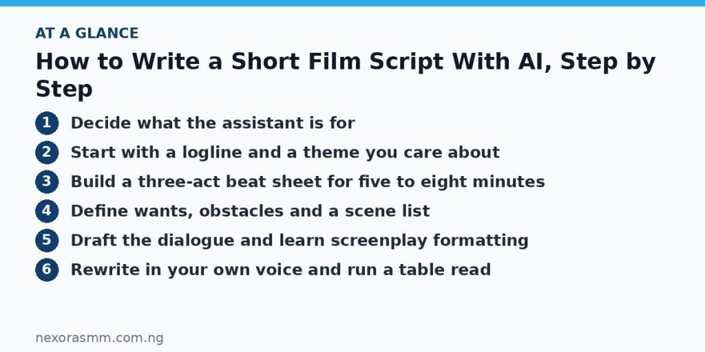 Summary graphic listing the main sections of: How to Write a Short Film Script With AI, Step by Step